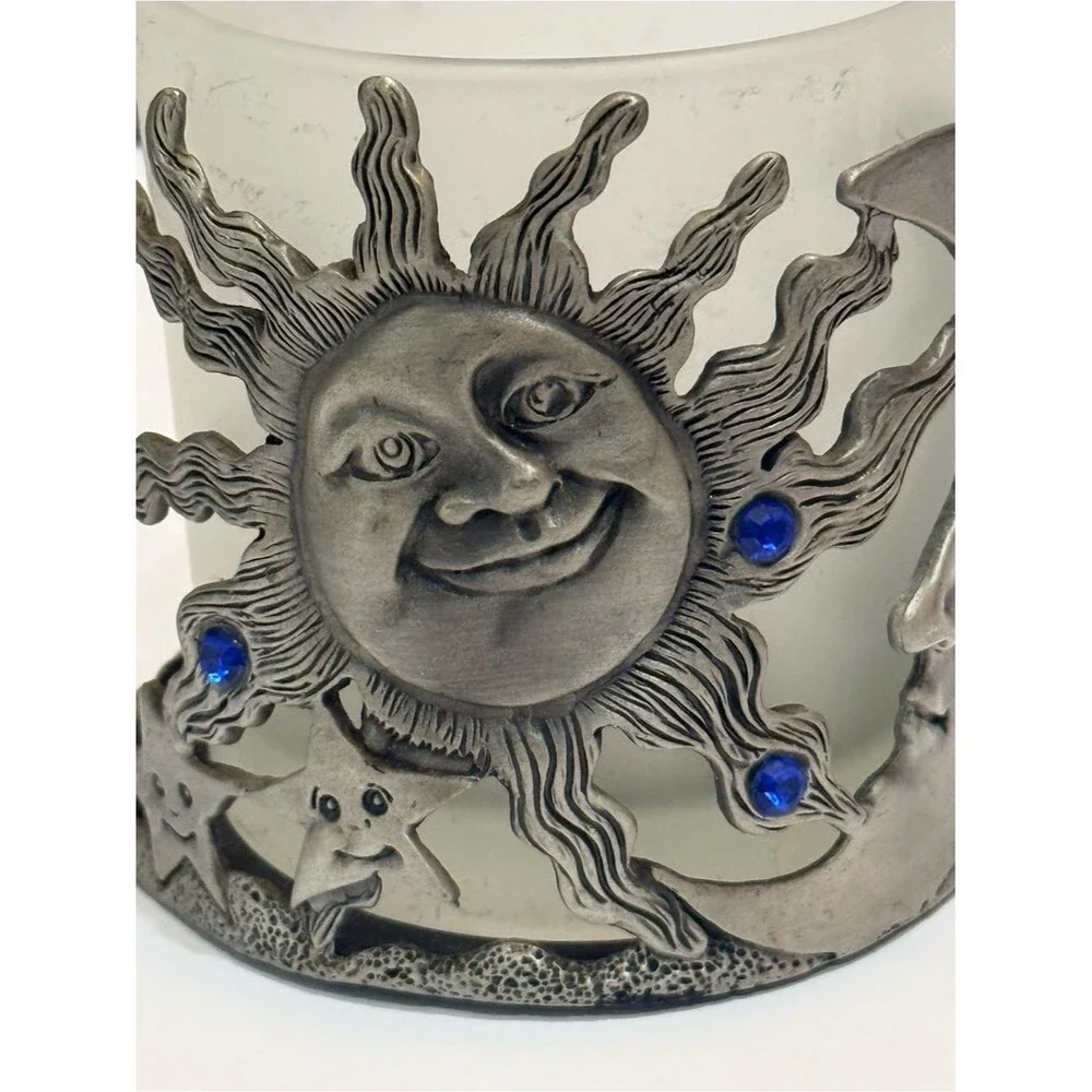 Vintage 90s Pewter Celestial Sun Moon Votive Candle Holder Blue Rhinestones